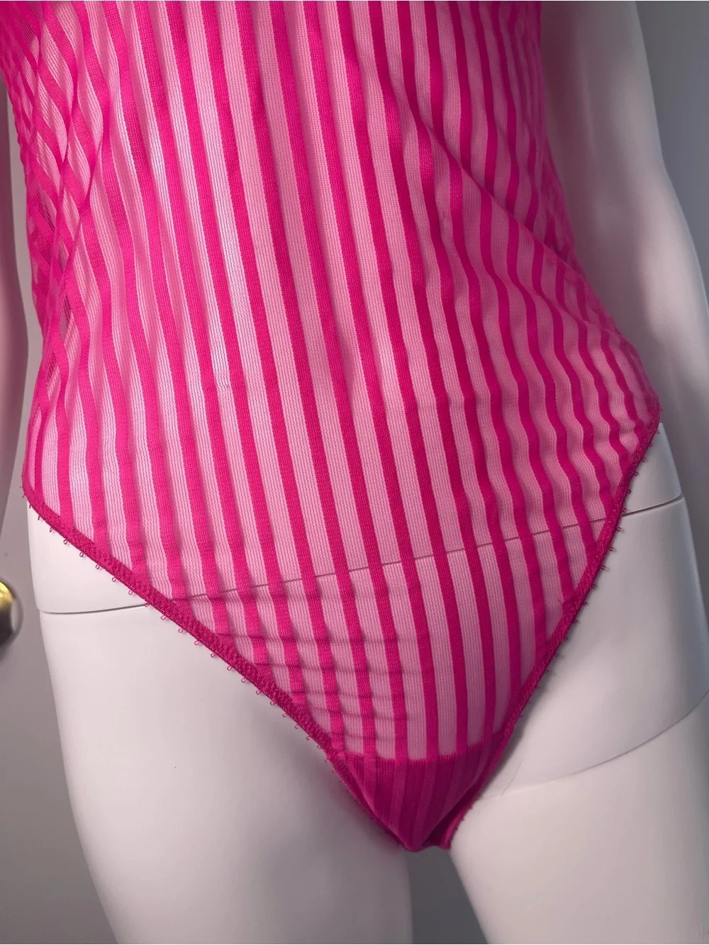 Victoria's Secret Women’s Fuchsia Striped Lace-Trim Bodysuit 100% Cotton Size SP